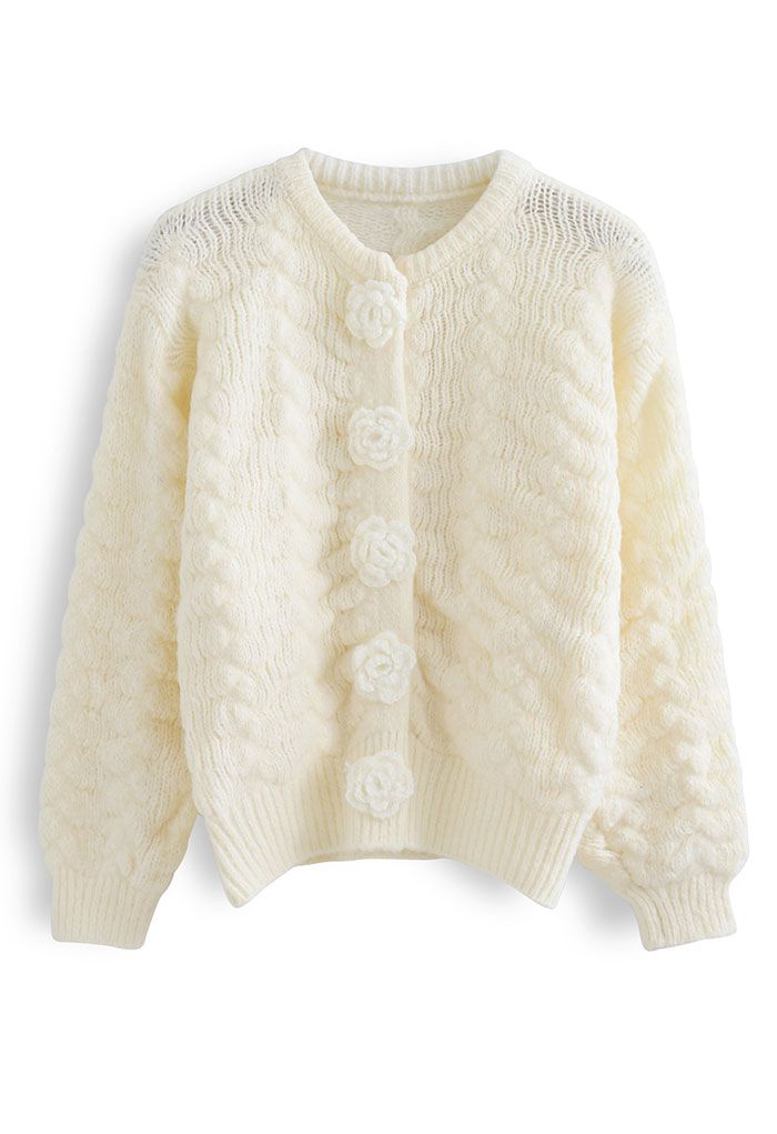 Flowers Button Down Embossed Bubble Sleeves Cardigan in White