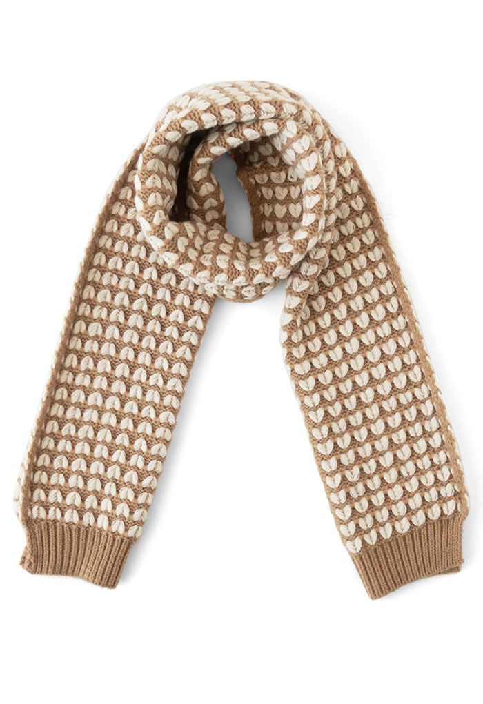 Heart Jacquard Knit Scarf in Camel
