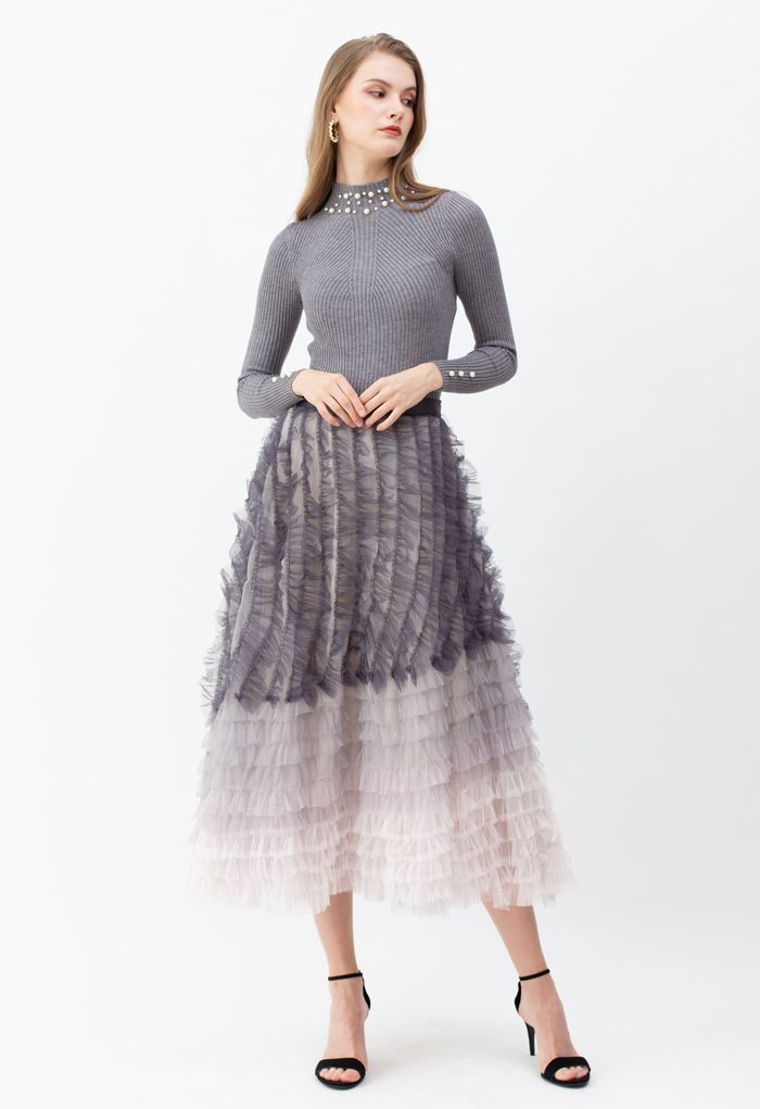 Gradient Tiered Ruffle Mesh Tulle Maxi Skirt