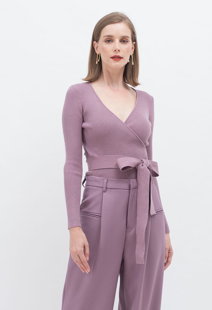 V-Neck Tie-Waist Wrap Knit Top in Lilac 