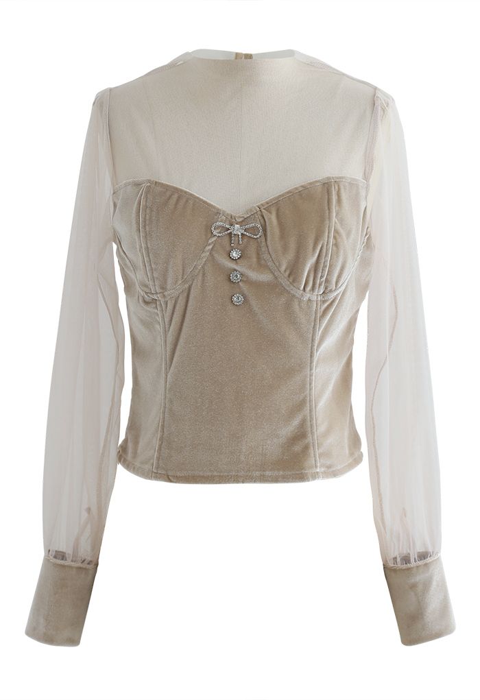 Mesh Spliced Velvet Crop Top in Sand
