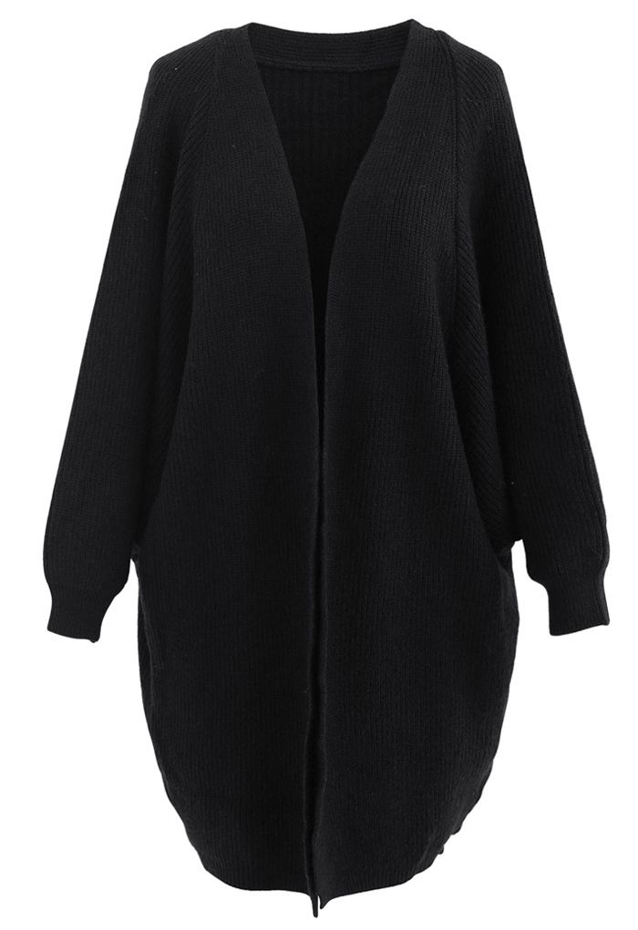 Batwing Ribbed Knit Longline Cardigan in Black
