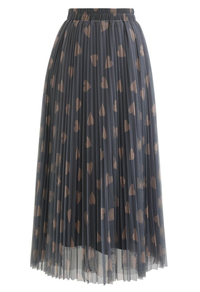 Heart Print Double-Layered Mesh Tulle Skirt in Grey