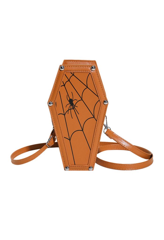 Spider Web PU Leather Coffin Crossbody Bag in Pumpkin