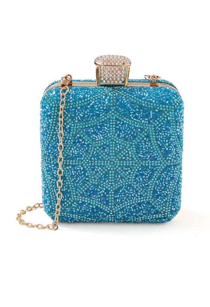 Spiderweb Rhinestone Square Clutch in Teal