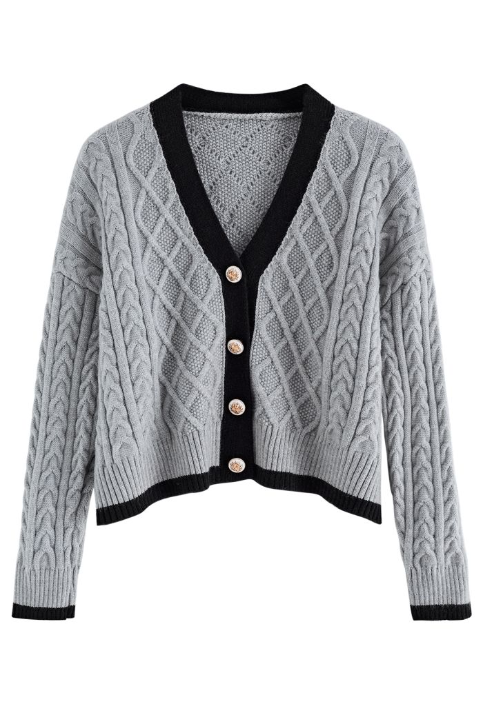 Braid Diamond Cropped Knit Cardigan in Grey