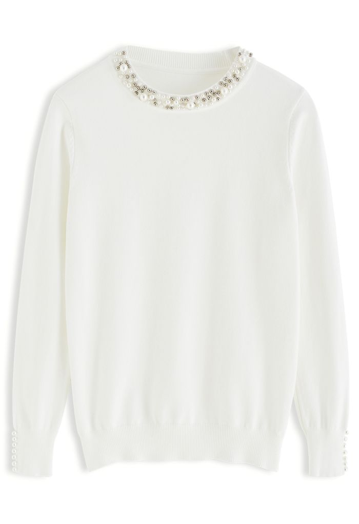 Pearl Trimmed Soft Knit Top in White