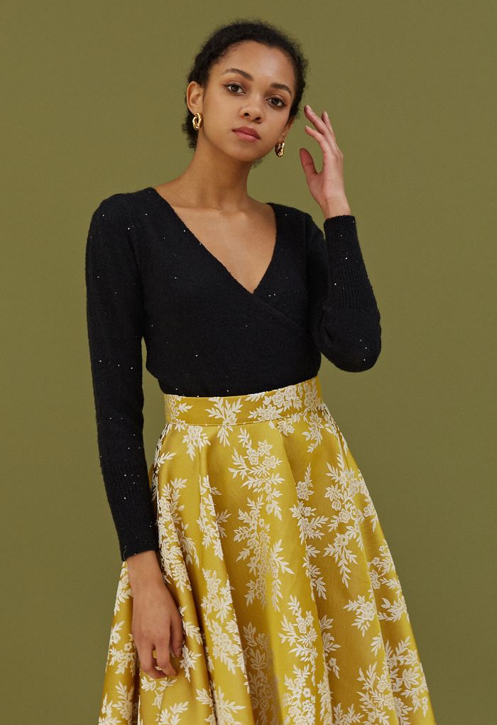 Lightweight Sequins Wrapped Knit Top in Black