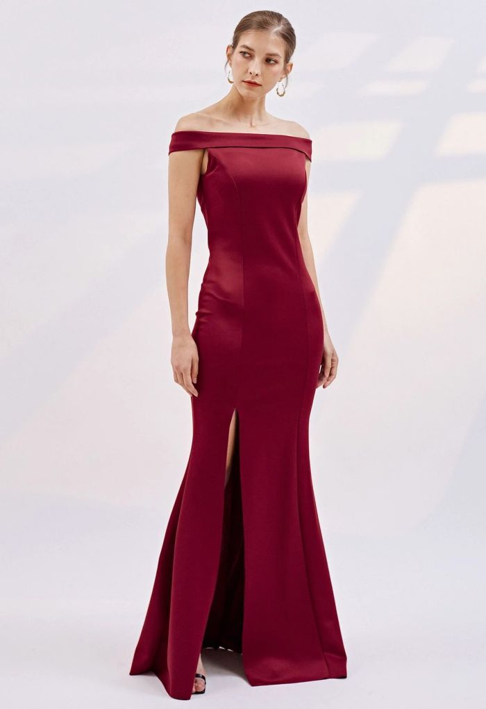 Folded Off-Shoulder Slit Mermaid Gown in Burgundy