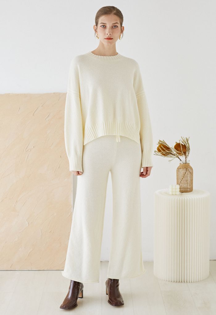 Waffle Knit Hi-Lo Sweater and Wide Leg Pants Set in Cream