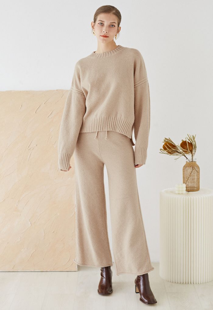 Waffle Knit Hi-Lo Sweater and Wide Leg Pants Set in Camel