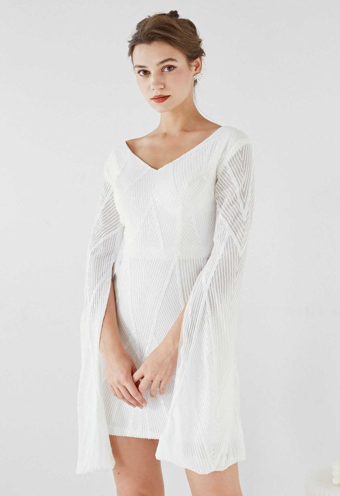 Shining Sequin Cape Sleeves Cocktail Dress in White