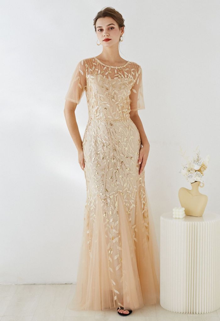 Leaves Branch Sequined Mesh Panelled Gown in Apricot