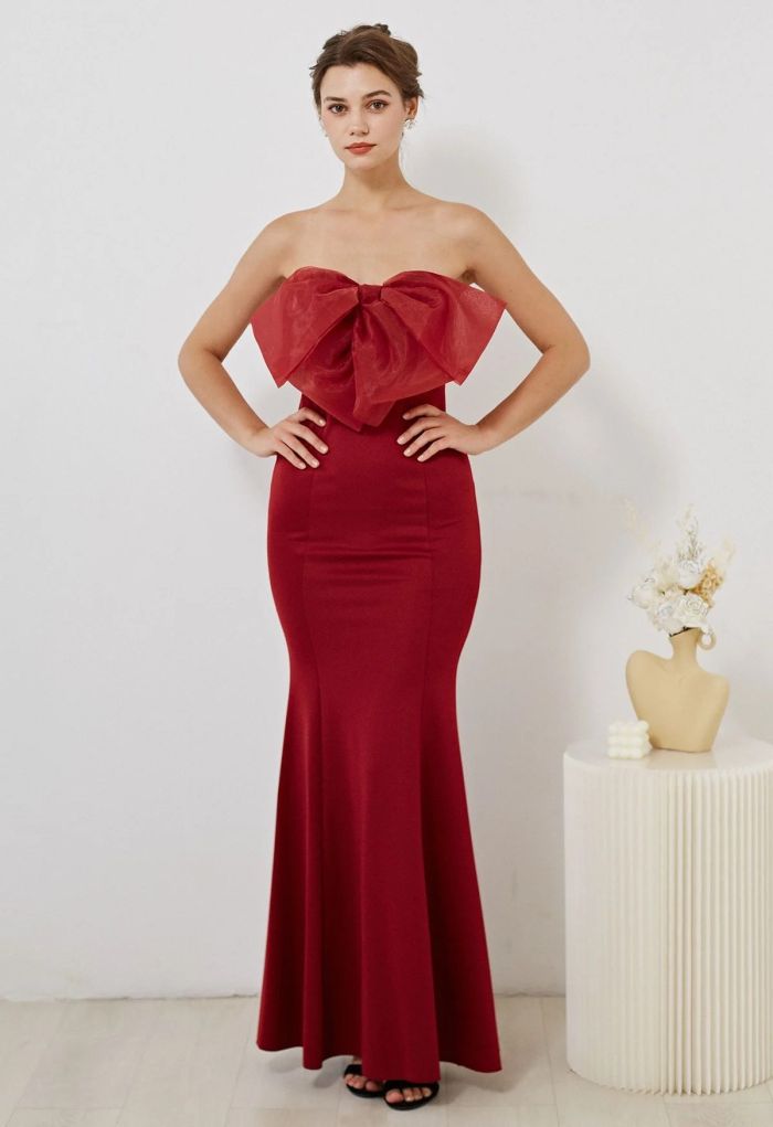 Bowknot Strapless Mermaid Gown in Burgundy