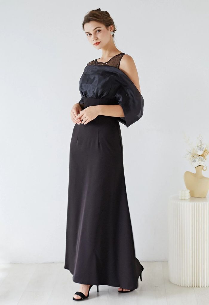 Spliced Organza Cold-Shoulder Gown in Black