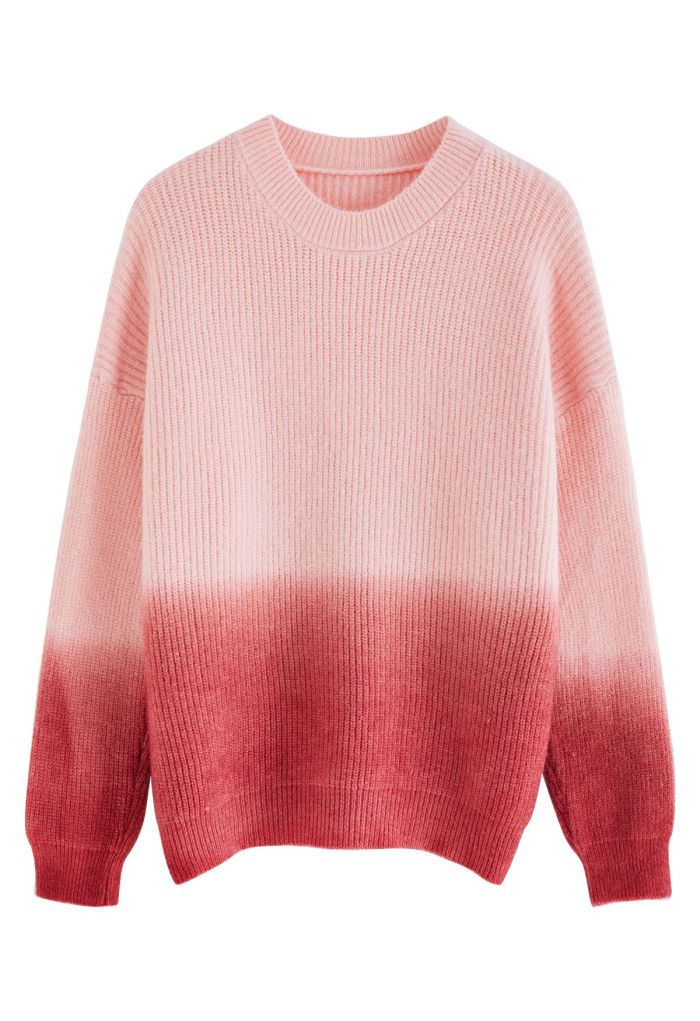 Ombre Round Neck Rib Knit Sweater in Pink