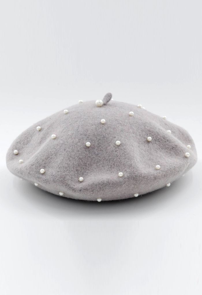 Handmade Pearl Wool Blend Beret Hat in Grey