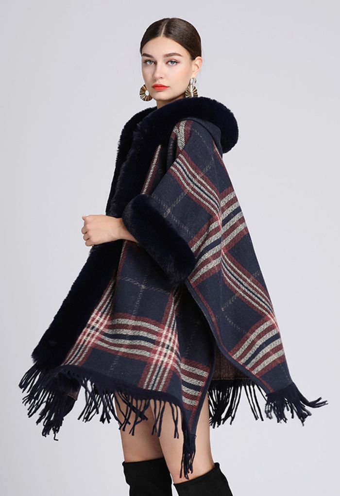 Plaid Fringe Faux Fur Hooded Poncho in Navy