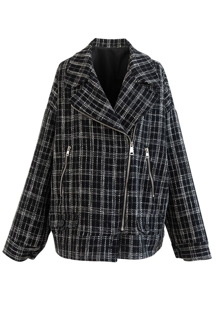 Zip-Up Check Tweed Blazer in Black