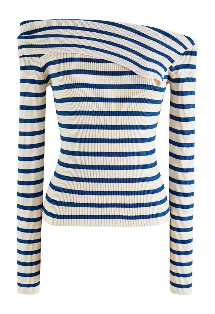 Folded Off-Shoulder Striped Knit Top in Blue