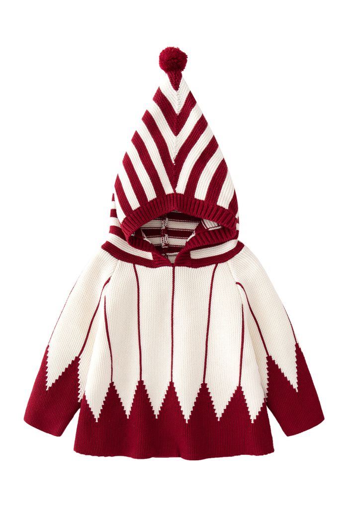 Two-Tone Pom-Pom Hoodie Knit Poncho For Kids