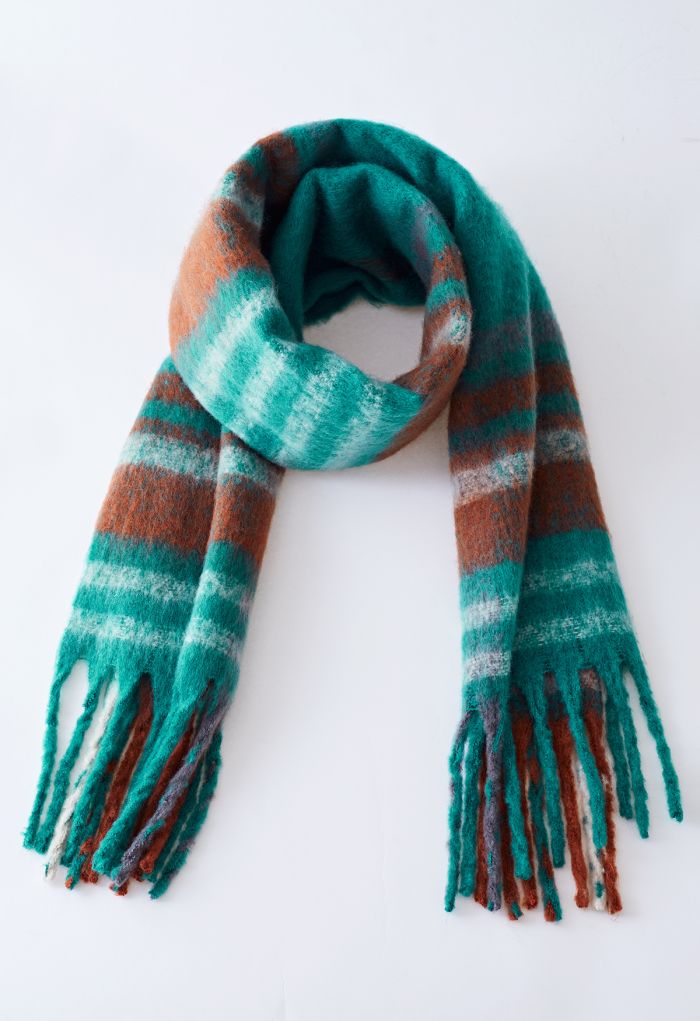 Fuzzy Mohair Plaid Pattern Scarf in Turquoise