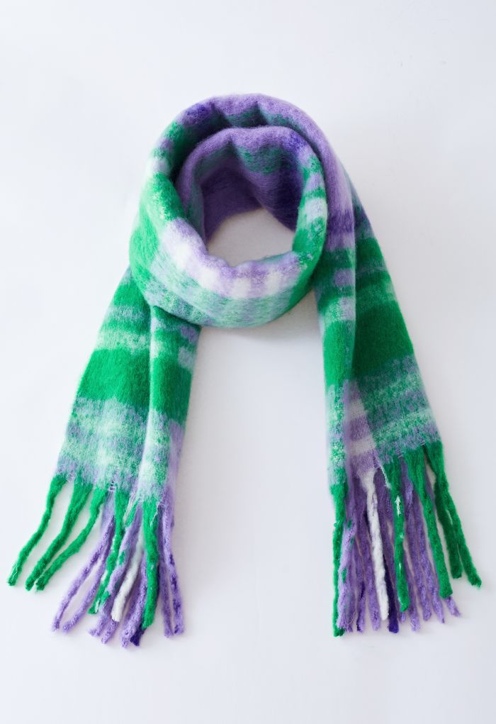 Fuzzy Mohair Plaid Pattern Scarf in Lilac