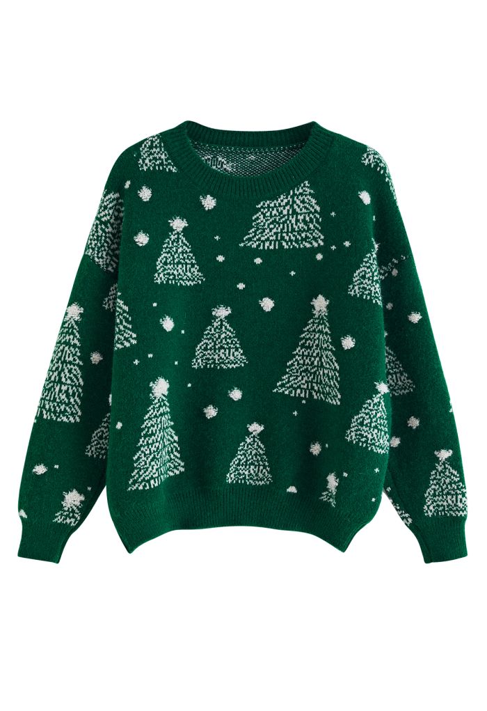 Christmas Tree Pattern Jacquard Knit Sweater in Green