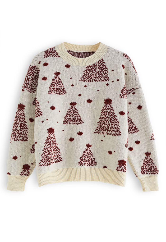 Christmas Tree Pattern Jacquard Knit Sweater in Cream