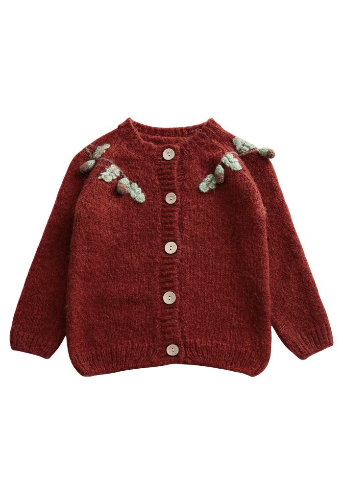 Wooden Button Fuzzy Knit Cardigan For Kids