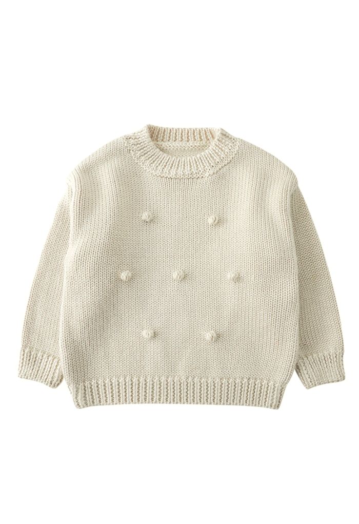 Pom-Pom Hand-Knit Sweater in Cream For Kids