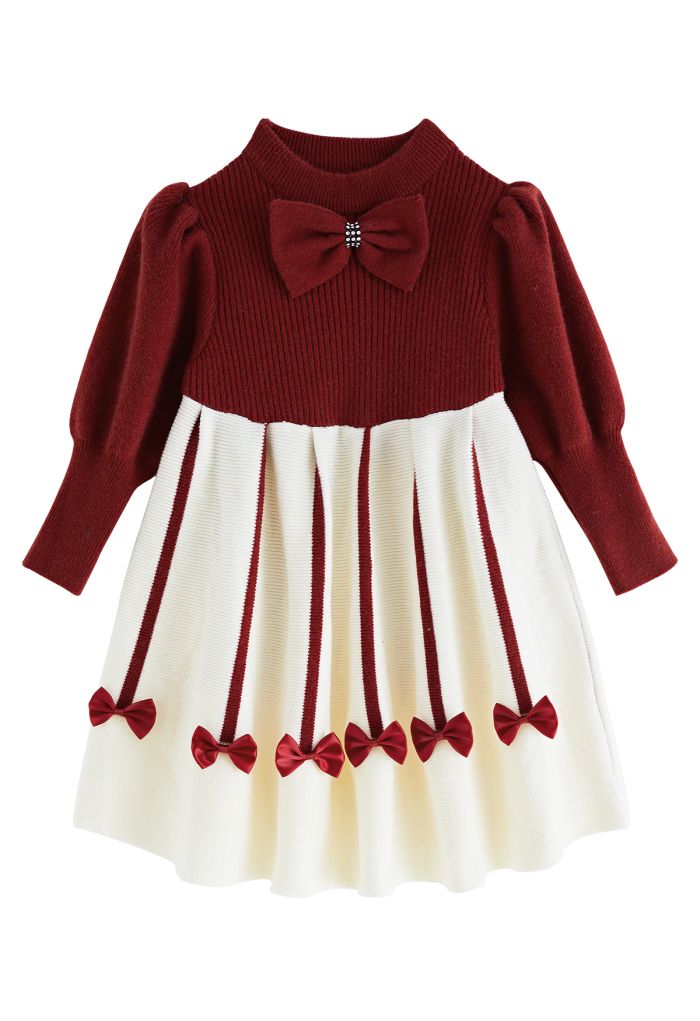 Sweet Red Bowknot Knit Dress For Kids