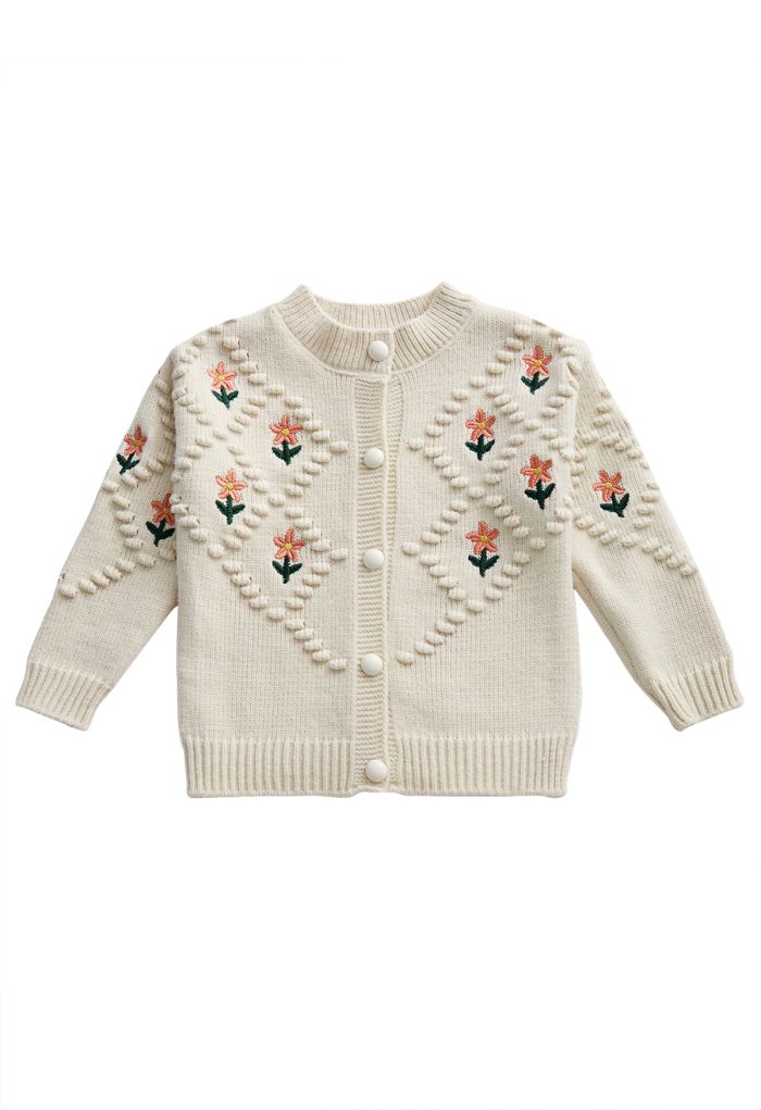 Kid's Floral Dotted Diamond Knit Cardigan in Ivory