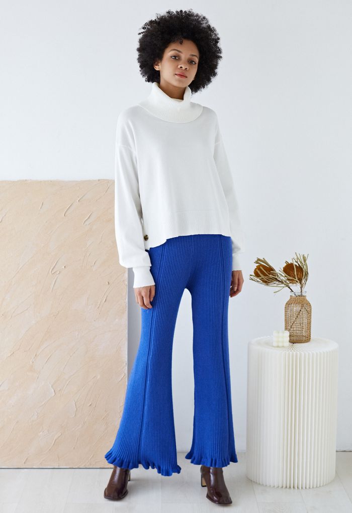 Ruffle Flare Hem Ribbed Knit Pants in Indigo