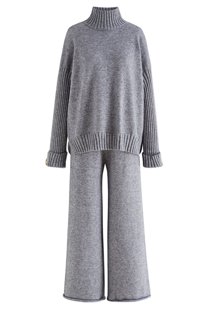 High Neck Buttoned Cuff Sweater and Knit Pants Set in Grey
