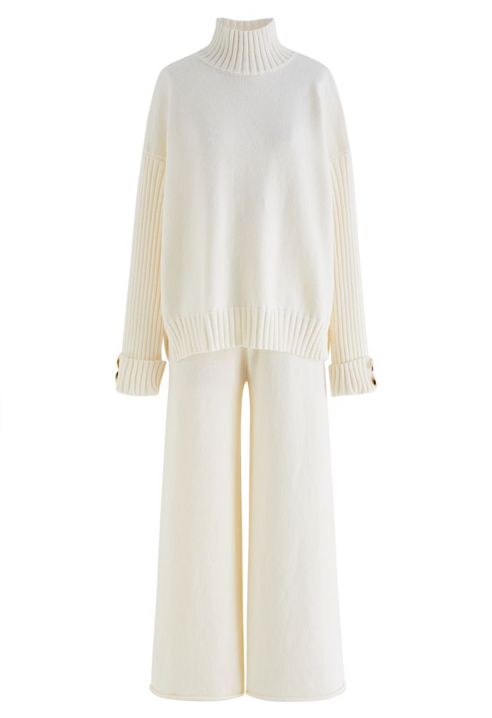 High Neck Buttoned Cuff Sweater and Knit Pants Set in Cream
