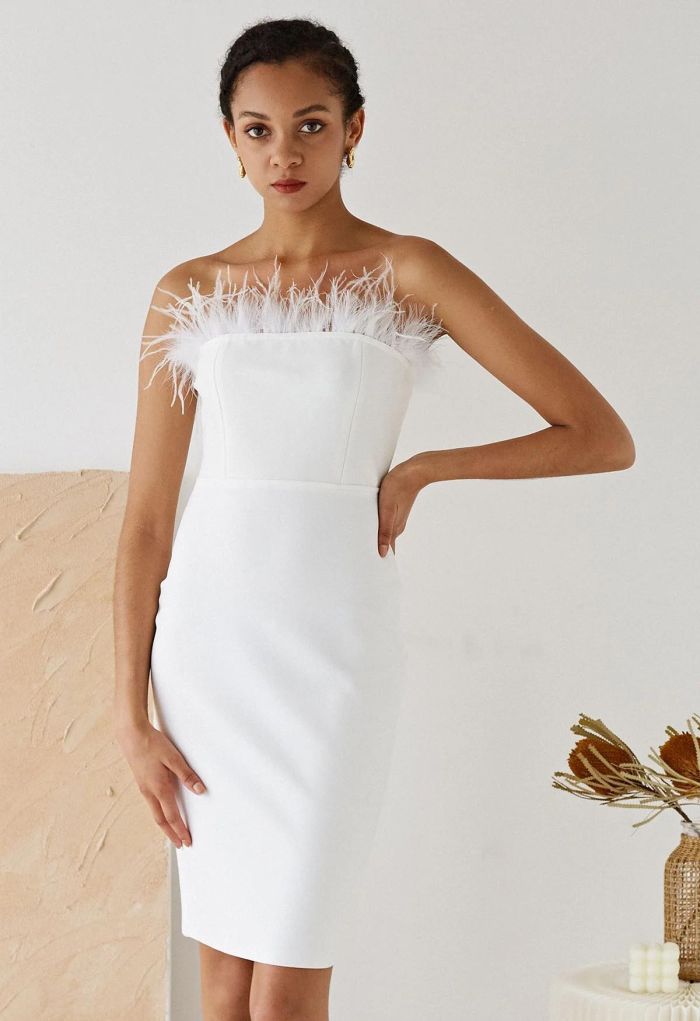Feather Trim Bodycon Tube Cocktail Dress in White
