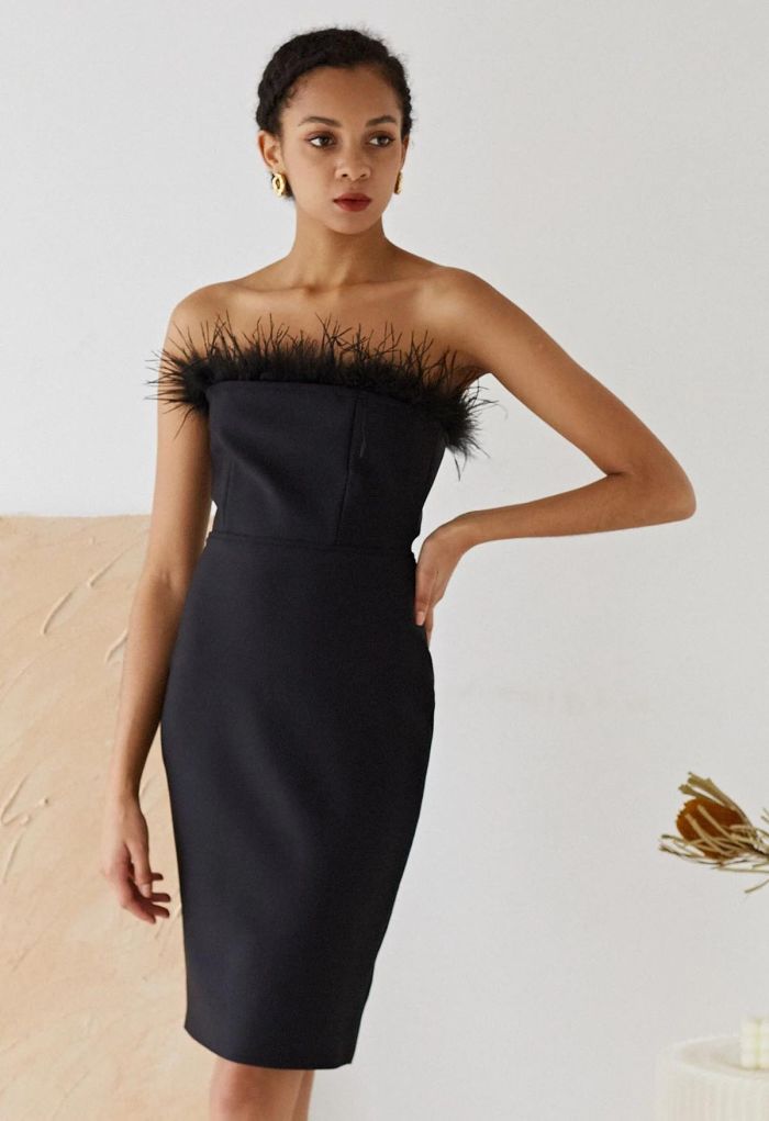 Feather Trim Bodycon Tube Cocktail Dress in Black