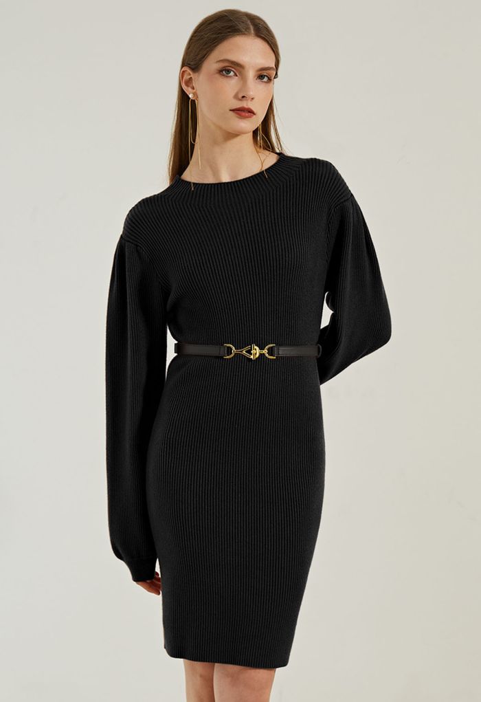 Lantern Sleeve Round Neck Ribbed Sweater Dress in Black