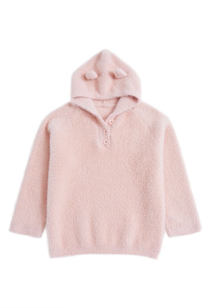 Kitty Cat Fuzzy Knit Hooded Sweater in Pink For Kids