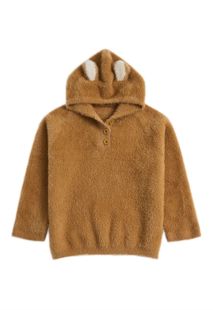 Cute Bear Fuzzy Knit Hooded Sweater in Tan For Kids