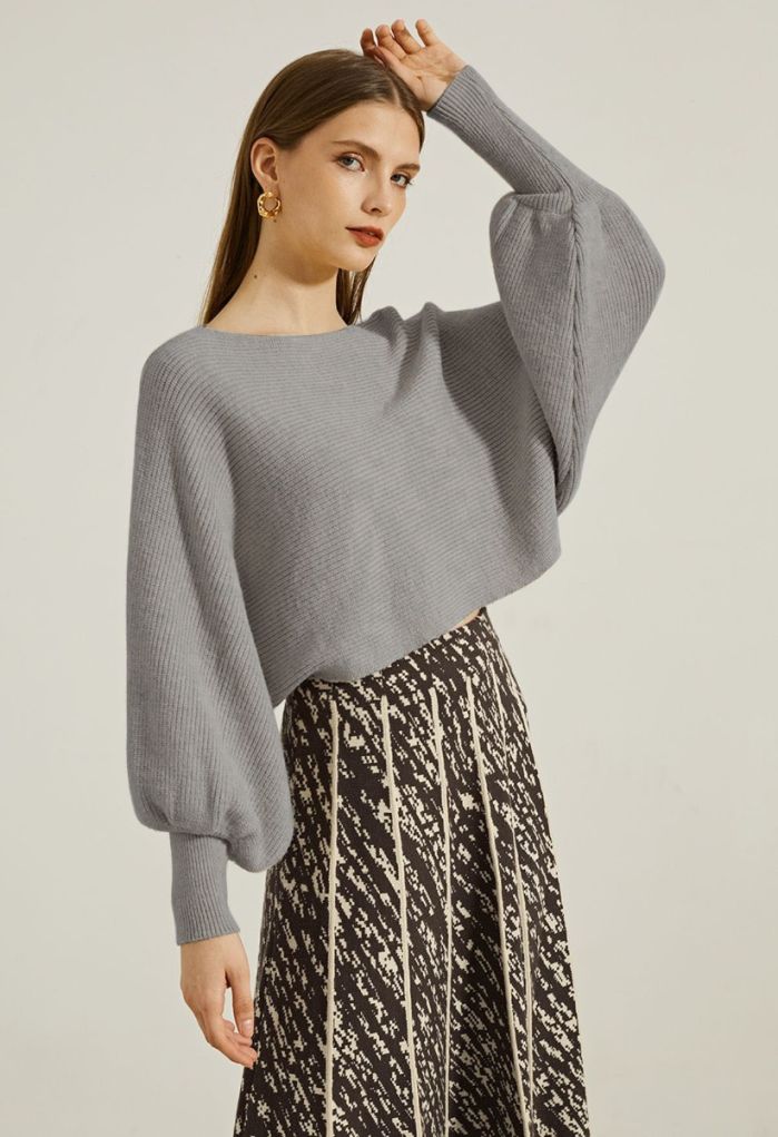 Exaggerated Bubble Sleeve Boat Neck Knit Top in Taupe