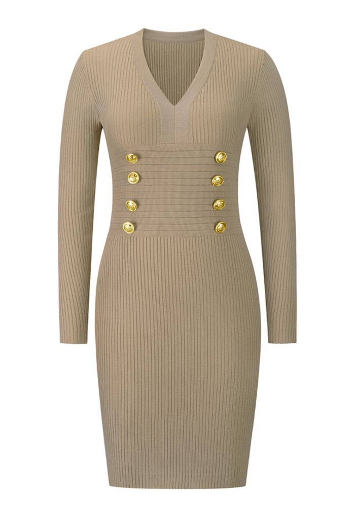Decorous Gold Button Fitted Knit Dress in Light Tan