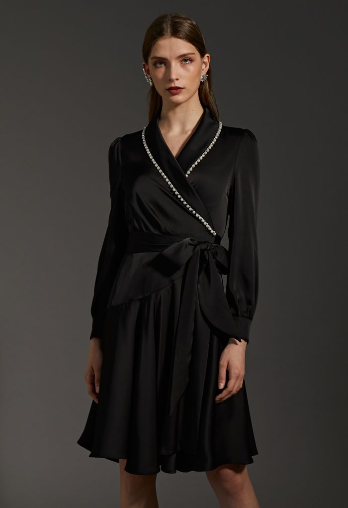 Pearl Trim Wrapped Satin Midi Dress in Black