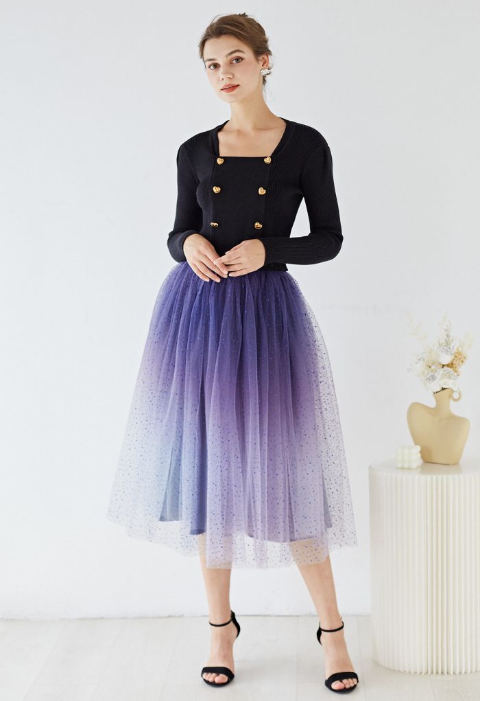 Festive Sparkle Ombre Tulle Midi Skirt in Purple