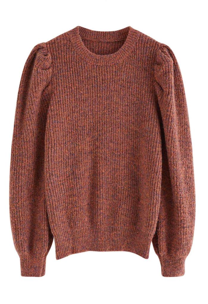 Mix-Knit Puff Sleeve Ribbed Sweater in Rust Red