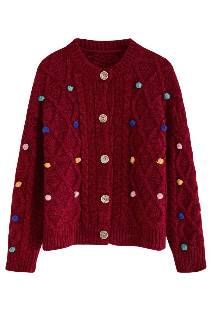 Colorful Pom-Pom Diamond Knit Cardigan in Red