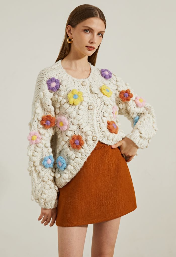 Button Up Floral Pom-Pom Knit Cardigan