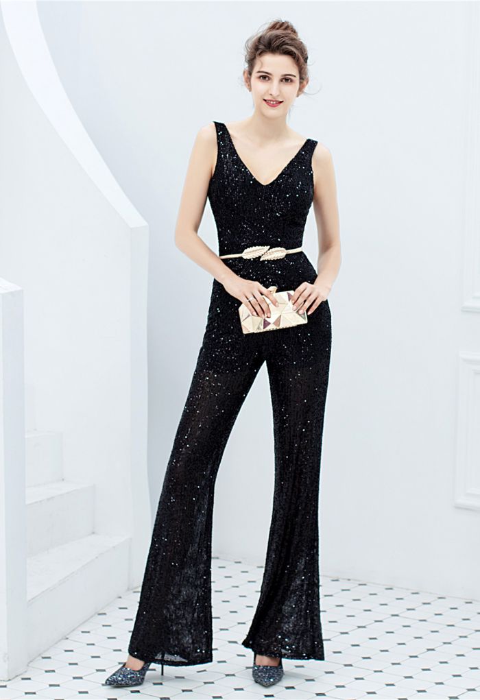V-Neck Glitter Sequin Jumpsuit in Black