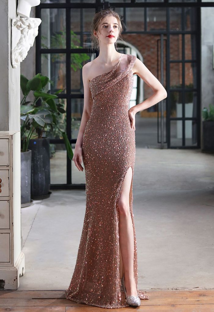 Evening Elegance Sequin One Shoulder Slit Gown in Gold